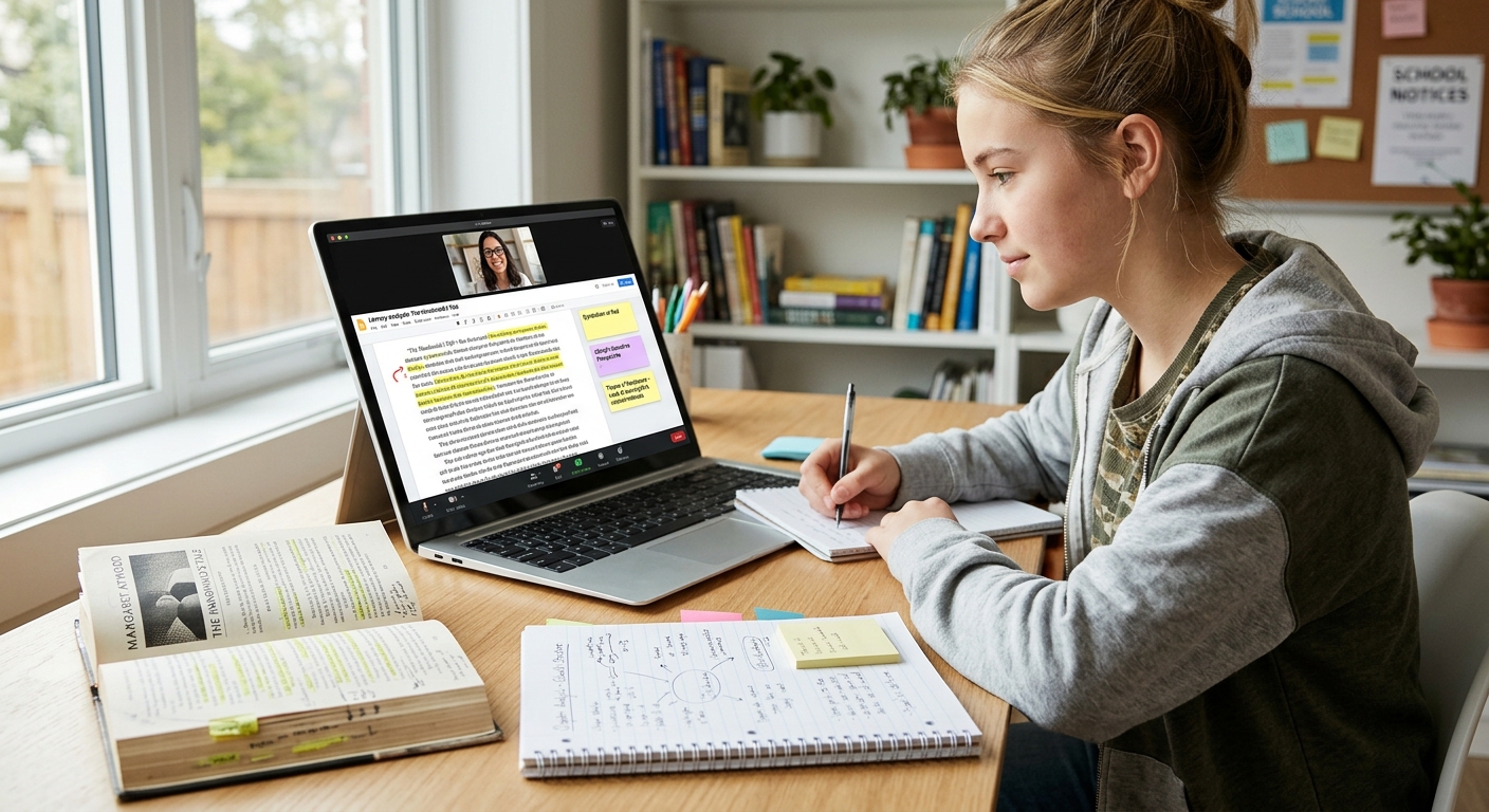 Student annotating a novel with a tutor on a video call, highlighted passage and sticky-note comments on screen