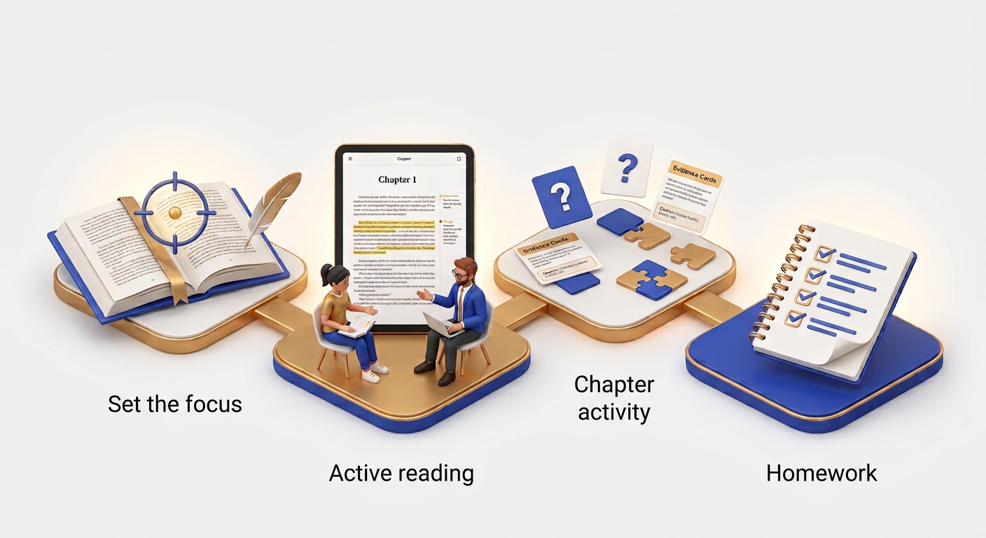 Four steps of a Novel Study class: set the focus, active reading with a tutor, chapter activity, and homework