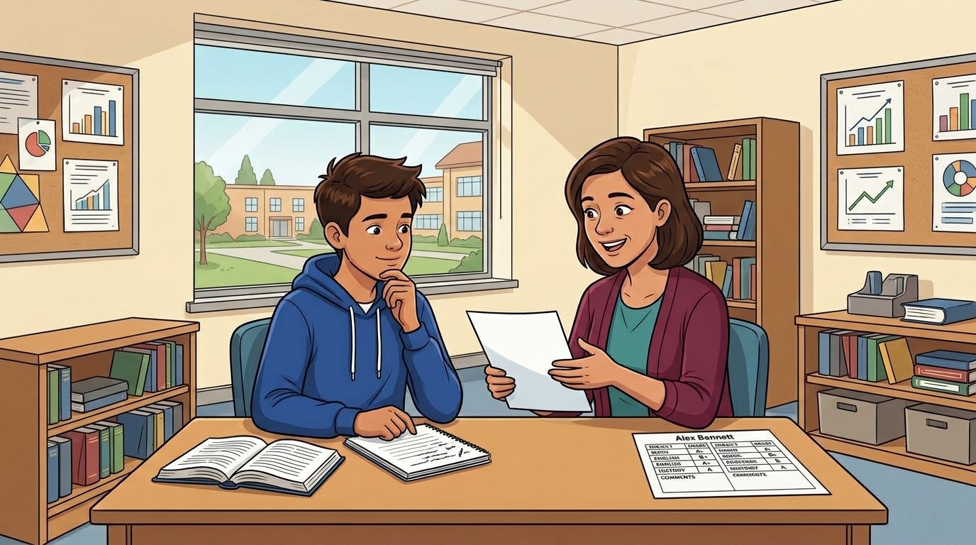 Student and tutor reviewing a report card together at a desk